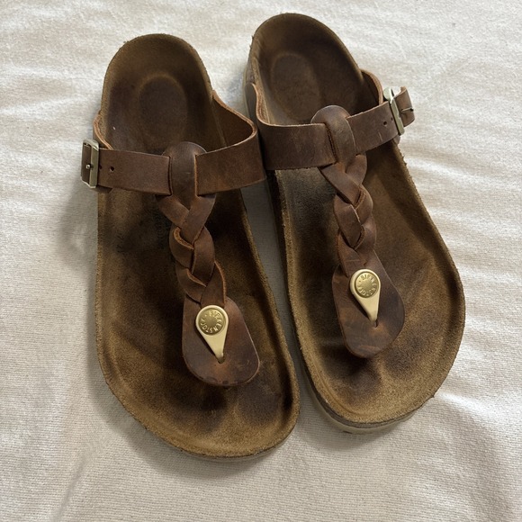 Birkenstock Sandals Women's 39 Braided Gizeh Oiled Leather Cognac Brown